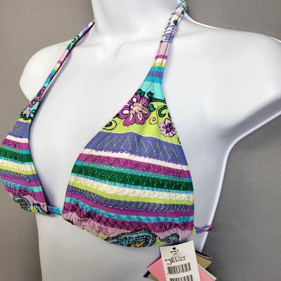 Cia Maritima Bikini Top Womens Medium Embroidered Beaded Floral Stripe Swimwear - Picture 6 of 16